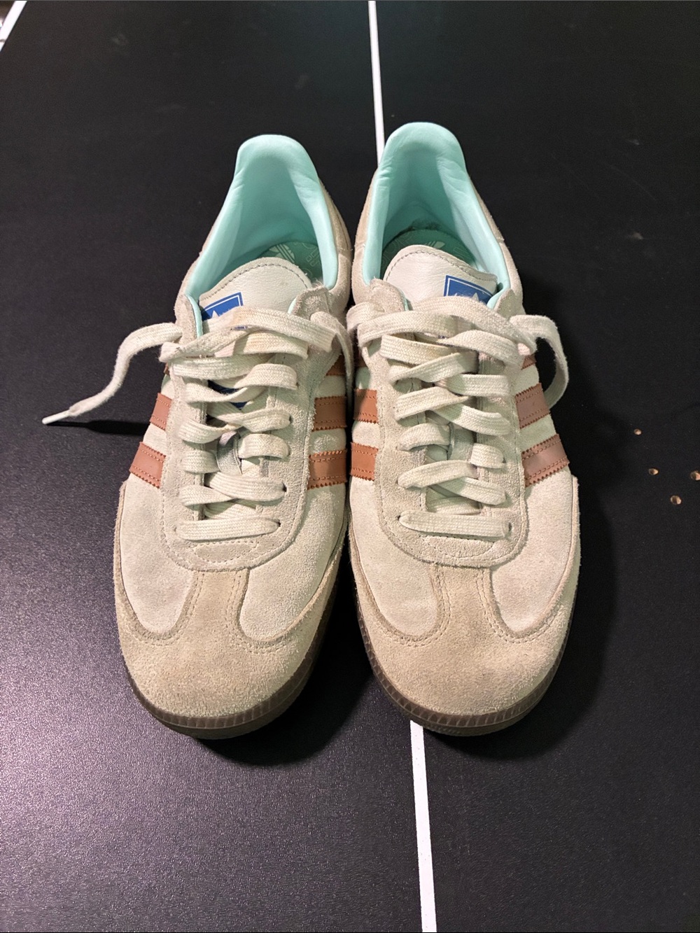 adidas samba Men's Suede Sneakers in Light Sage with brown/Tan Stripes
